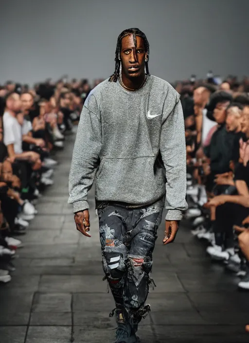 Image similar to hyperrealistic and heavy detailed nike runway show of travis scott, leica sl 2 5 0 mm, vivid color, high quality, high textured, real life