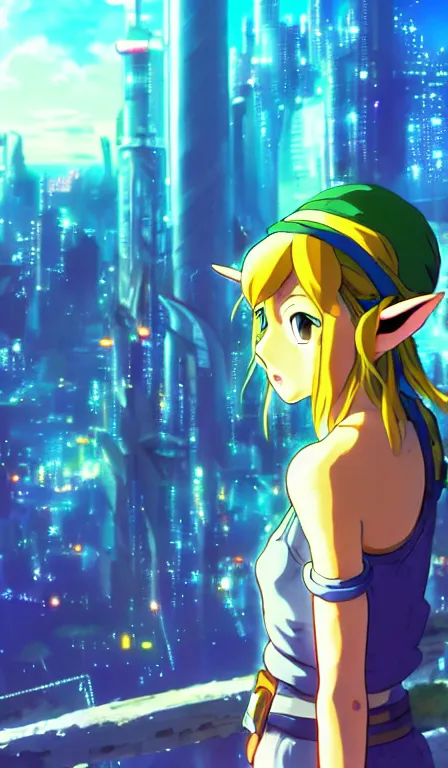 Image similar to anime fine details portrait of Zelda in front of cyberpunk moder city landscape on the background deep bokeh, close-up view, anime masterpiece by Studio Ghibli. 8k, sharp high quality anime, artstation