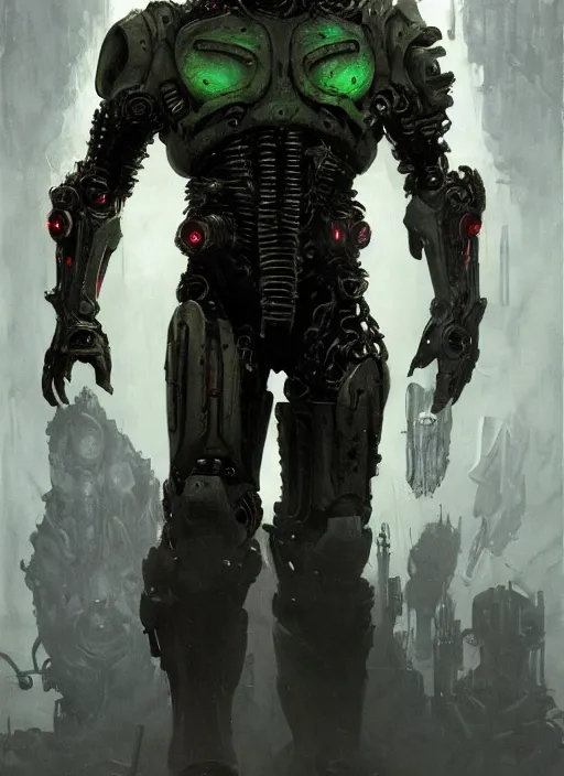 Image similar to robert englund as victor stone, full body concept, cyborg, borg, strogg, face of a man, terminator, flesh, quake strogg, doom demon, wolfenstein, monstrous, powerful, symmetry, symmetrical, concept art by ruan jia and greg rutkowski