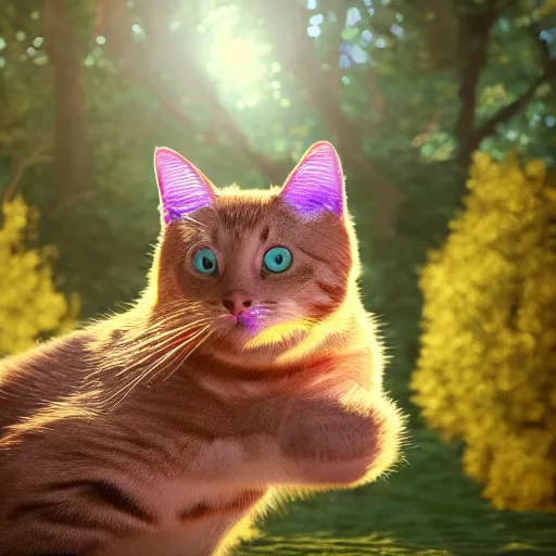 Prompt: cat made of lilac jelly, transparent jelly, sunlight, golden hour, forest, octane render, realistic render, highly detailed, 8k, HD