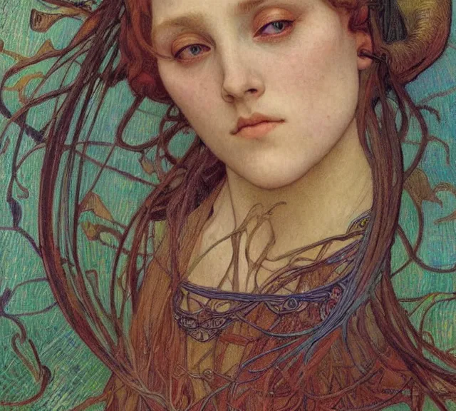 Image similar to detailed realistic beautiful young medieval queen face portrait by jean delville, alphonse mucha, vincent van gogh, and marco mazzoni, art nouveau, symbolist, visionary, gothic, pre - raphaelite