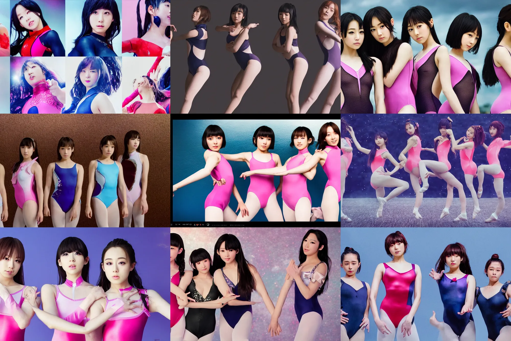 Image similar to unbelievably beautiful, perfect, dynamic, epic, cinematic 8 k hd movie shot, three beautiful cute young j - pop idols actresses in japanese girl band, posing together in leotards. motion, vfx, inspirational arthouse, high budget, hollywood style, at behance, at netflix, with instagram filters, photoshop, adobe lightroom, adobe after effects, taken with polaroid kodak portra