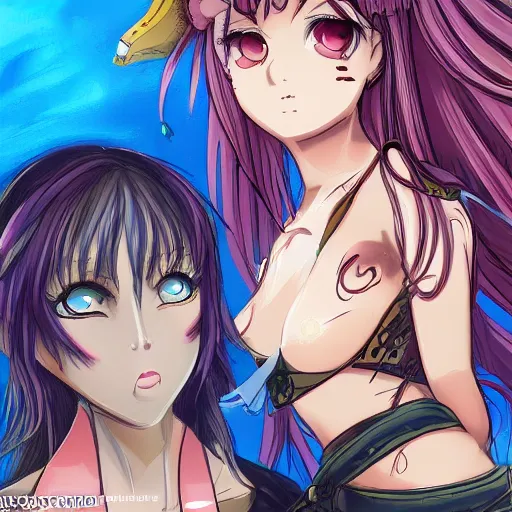 Image similar to a scene of a stare down between two beautiful female pirates, detailed anime art