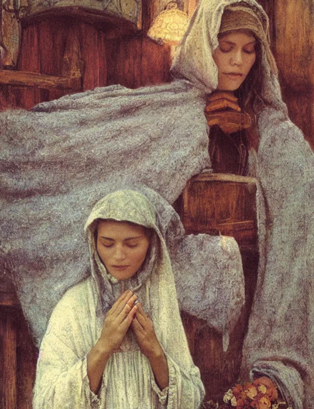 Image similar to peasant woman praying in a curch, cottage core, cinematic focus, polaroid photo bleached vintage pastel colors high - key lighting, soft lights, foggy, by steve hanks, by lisa yuskavage, by serov valentin, by tarkovsky, detailed, oil on canvas