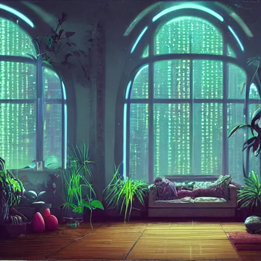 Image similar to 80s interior with arched windows, neon rain, hanging plants, cinematic, cyberpunk, lofi, calming, dramatic, fantasy, by Moebius, by zdzisław beksiński, Fantasy LUT, high contrast, epic composition, sci-fi, dreamlike, surreal, angelic, cinematic, 8k, unreal engine, hyper realistic, fantasy concept art,