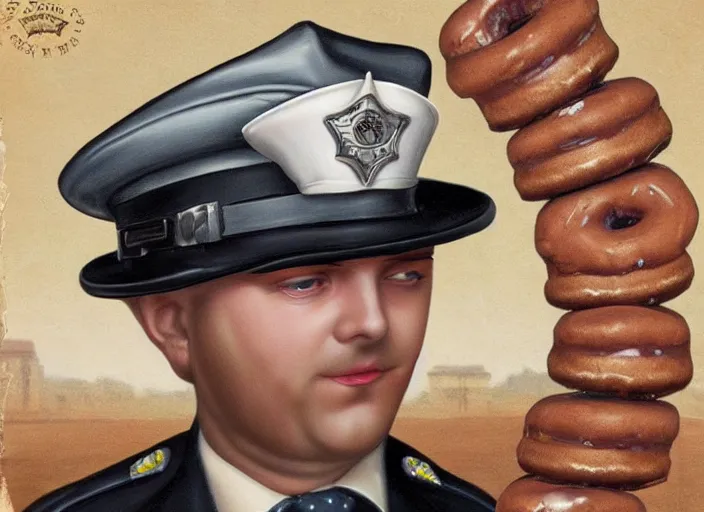 Image similar to a donut wearing a cop hat, lowbrow, matte painting, 3 - d highly detailed, in the style of mark ryden,