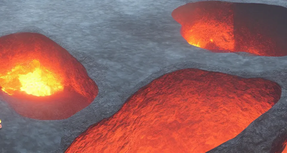 Image similar to swimming pool inside a volcano. Instead of water, there is lava and people are swimming and playing inside. 4k, high detail, volumetric lighting