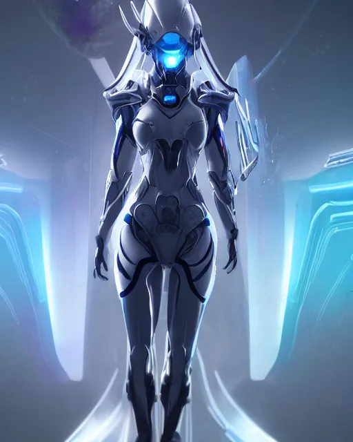 Image similar to perfect android girl on a mothership, warframe armor, beautiful face, scifi, futuristic, galaxy, nebula, raytracing, dreamy, long white hair, blue cyborg eyes, sharp focus, cinematic lighting, highly detailed, artstation, divine, by gauthier leblanc, kazuya takahashi, huifeng huang