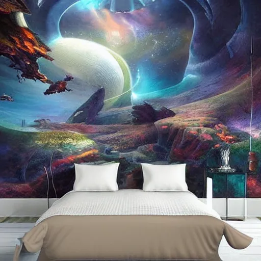 Image similar to a cozy bedroom interior with wall murals of incredible fantasy space art, detailed, high resolution, wow!, intricate, volumetric lighting, raytracing