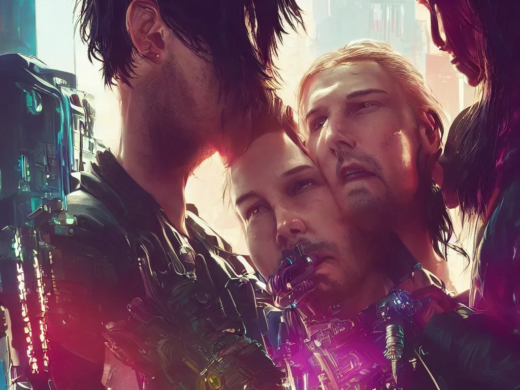 Prompt: a cyberpunk 2077 instagram couple portrait of a Keanu Reeves and a female android final kiss,love,film lighting,by Laurie Greasley,Lawrence Alma-Tadema,Dan Mumford,John Wick,Speed,Replicas,artstation,deviantart,FAN ART,full of color,Digital painting,face enhance,highly detailed,8K,octane,golden ratio,cinematic lighting