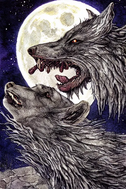 Image similar to crynos werewolf howling at the moon, art by luis royo and walter crane and kay nielsen, watercolor illustration, ultra sharp focus, wot