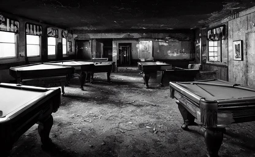 Image similar to a dark photo of old pool tables in an abandoned 5 0 s bar in new vegas by lori nix