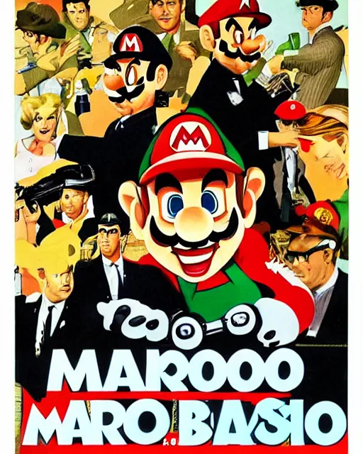 Prompt: a 1 9 6 5 promotional poster illustration for a mafia mario brothers movie, illustrated by robert mcginnis, poster design, 4 k detail