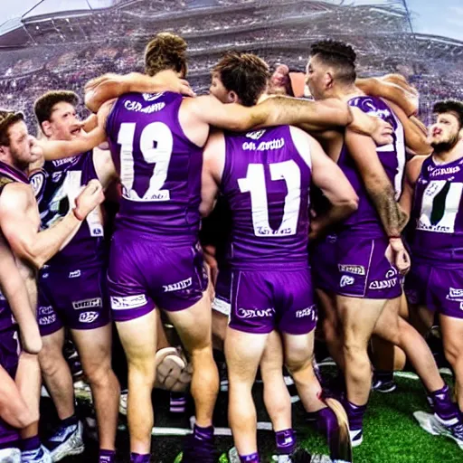 Prompt: fremantle dockers players, holding up nat fyfe on their shoulders, celebrating winning the grand final against geelong cats, matte painting, realistic, 8 k