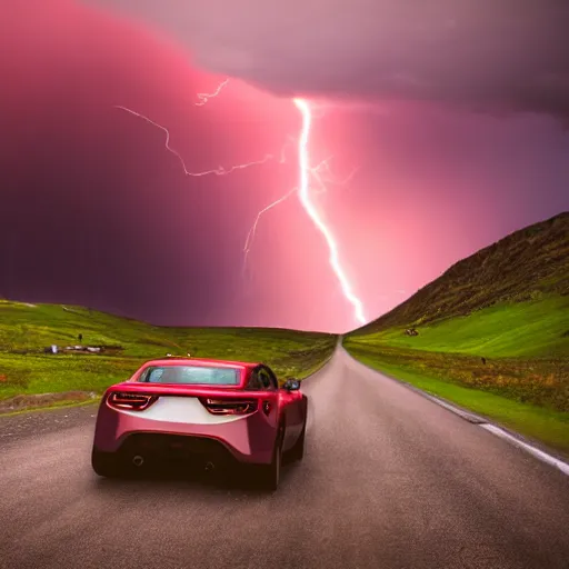 Image similar to zerglings rushing towards black pontiac firebird trans - am driving towards the camera, norway mountains, valley, large lake, dynamic, cinematic, motionblur, volumetric lighting, wide shot, low angle, red glow in sky, large lightning storm, thunder storm