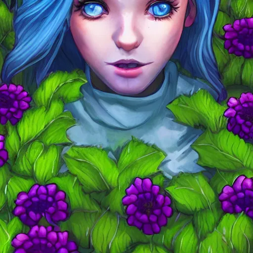 Image similar to Abigail from stardew valley, purple hair, blue eyes, farm background, large eyes, cgsociety, realistic, highly detailed, sublime, 16k, smooth, sharp focus, trending on ArtStation, hyperdetailed, volumetric lighting