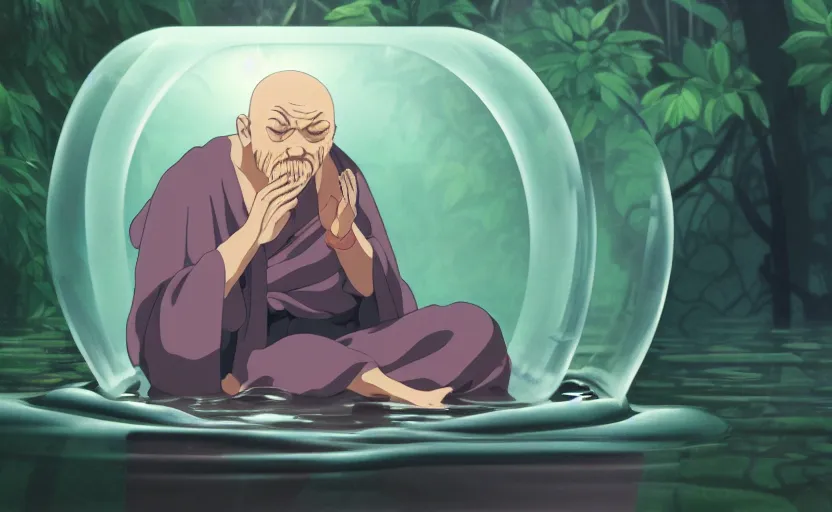 Image similar to a film still portrait of a mauve old monk meditating inside a cubic bubble in a flooded temple jungle. finely detailed features, closeup at the faces, chronenberg, perfect art, grimdark, trending on pixiv fanbox, painted by studio ghibli