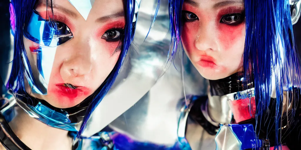 Image similar to a close - up risograph long shot of cyberpunk japanese model girl with black eyes and pretty face wearing latex catsuit and lots of transparent and cellophane accessories, blue hour, twilight, cool, portrait, kodachrome, iso 1 2 0 0,