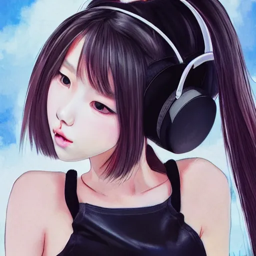 Prompt: realistic beautiful gorgeous natural cute Blackpink Lalisa Manoban black hair fur black cat ears, wearing white camisole summer outfit, headphones, black leather choker artwork drawn full HD 4K highest quality in artstyle by professional artists WLOP, Aztodio, Taejune Kim, Guweiz on Pixiv Artstation