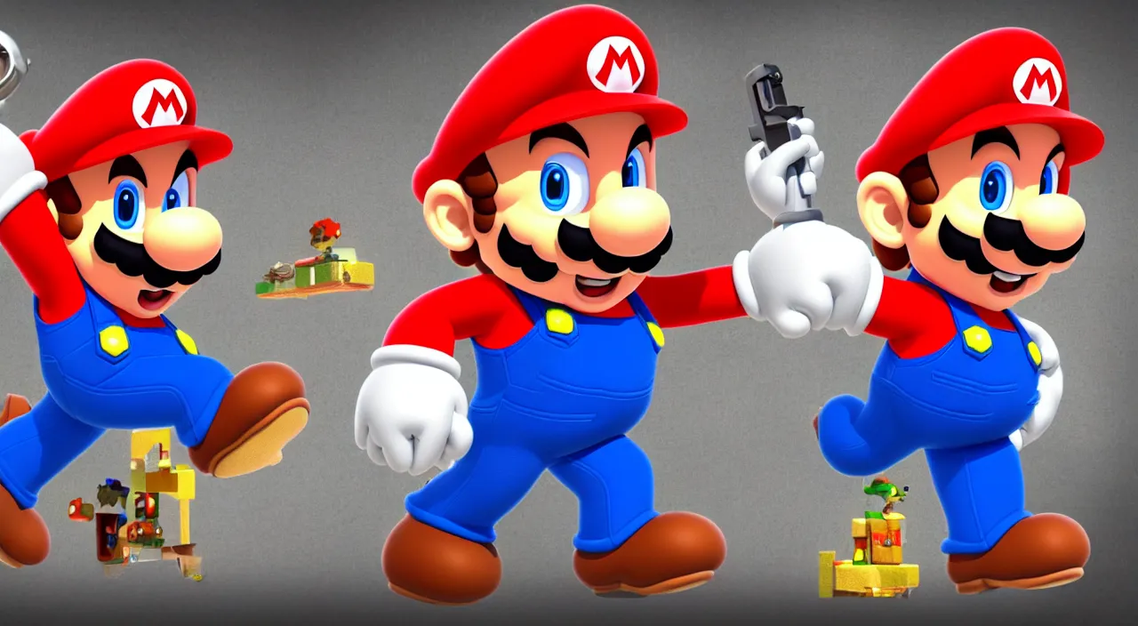 Image similar to mario from super mario bros, wearing a suit and holding a silenced pistol, vivid colors, soft lighting, atmospheric, cinematic, moody, 8 k