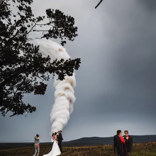 Image similar to a tornado marrying a volcano, professional wedding photography, 8 k photo