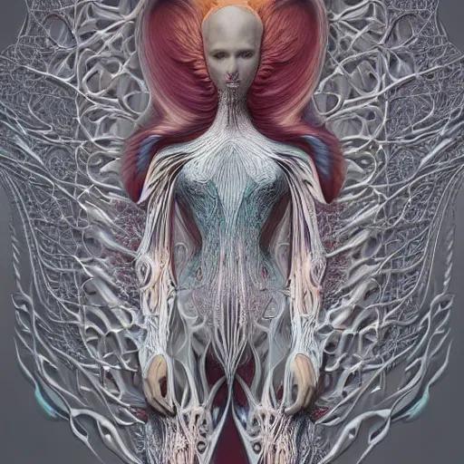 Prompt: a creature from a parallel universe by alexander mcqueen, zdzisław beksinski and alphonse mucha. highly detailed, hyper - real, very beautiful, intricate fractal details, very complex, opulent, epic, mysterious, trending on deviantart and artstation, polished and minimalist redesign by zaha hadid and iris van herpen