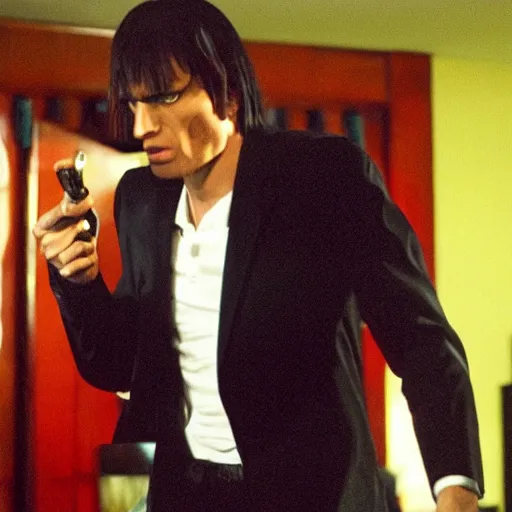 Image similar to Live Action Still of Jerma in Pulp Fiction, real life, hyperrealistic, ultra realistic, realistic, highly detailed, epic, HD quality, 8k resolution, body and headshot, film still