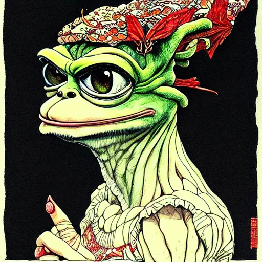 Prompt: pepe portrait painted in Frank frazzeta style drawn by Vania Zouravliov and Takato Yamamoto, inspired by Fables, intricate acrylic gouache painting, high detail, sharp high detail, manga and anime 2000