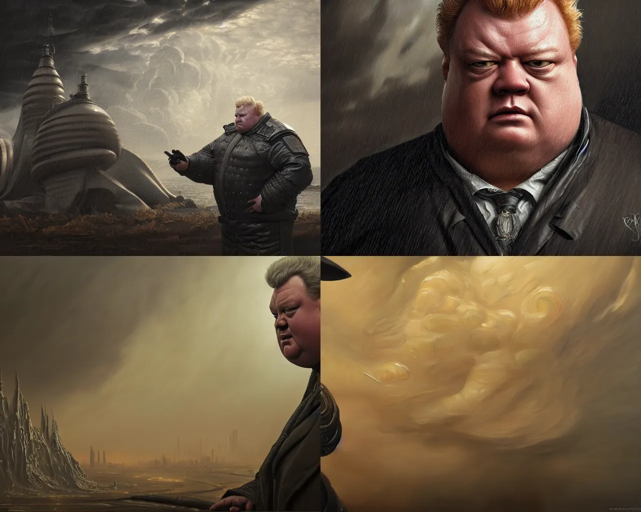 Prompt: highly detailed, insanely intricate, meticulously oil painting of Baron Harkonnen, stormy overcast, featured in artstation, octane render, cinematic, elegant, intricate, 8k