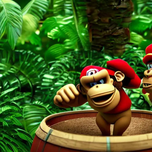 Image similar to Donkey Kong and Diddy Kong surrounded by tropical trees and barrels, 3D render, detailed clay model