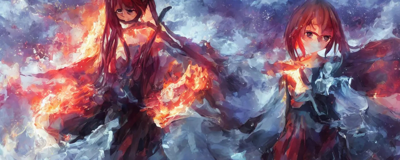 Prompt: advanced digital anime art, a very cute gorgeous teenage girl made of fire and ice with red fiery watery eyes glancing over her left shoulder wearing a dress made of water is walking through an apocalyptic burning city, cinematic lighting, medium shot, mid-shot, trending on pixiv, Artstation, Sakimimichan