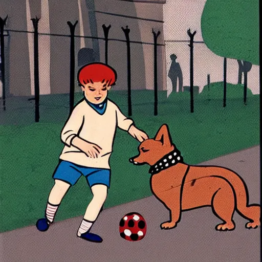 Image similar to book illustration of a french boy on the streets of paris playing football against a corgi, the dog is wearing a polka dot scarf, 1 9 6 6