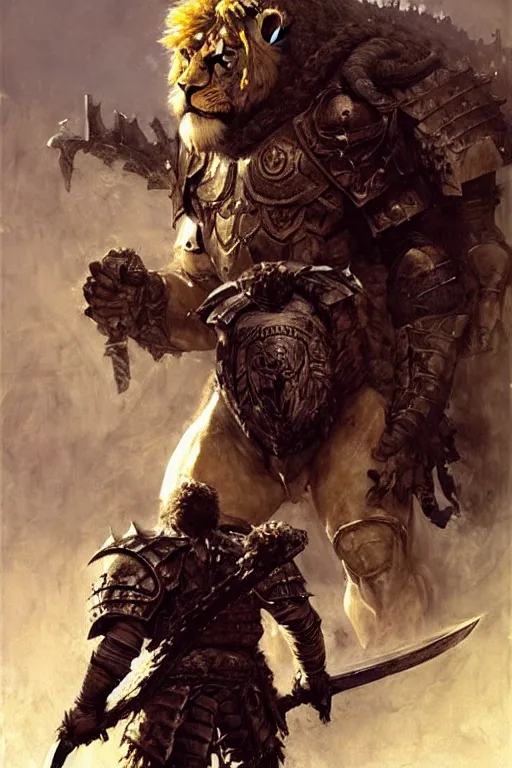 Image similar to giant hulking heavily armoured fantasy warrior with a lion head hood with a backpack full of swords and axes, portrait dnd, painting by gaston bussiere, craig mullins, greg rutkowski, yoji shinkawa