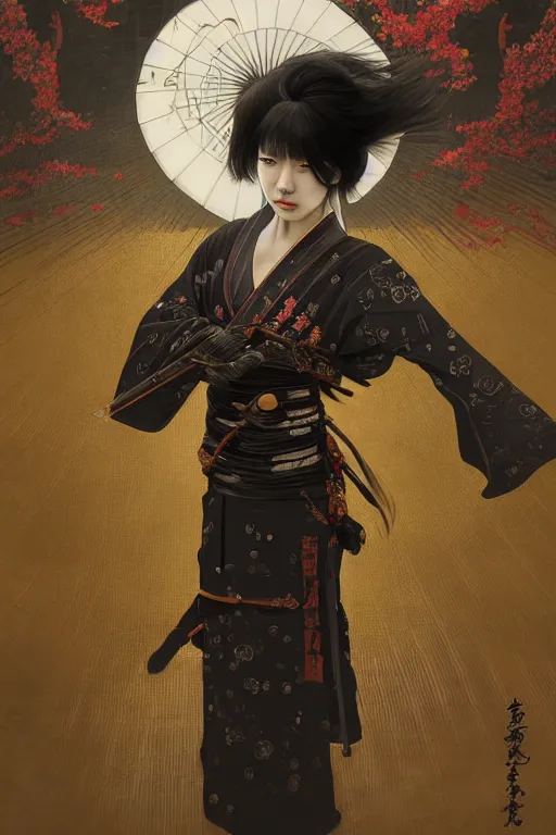 Prompt: portrait black hair samurai girl, armored samurai wardrobe, in fired honnoji temple rainy night, ssci - fi and fantasy, intricate and very very beautiful and elegant, highly detailed, digital painting, artstation, concept art, smooth and sharp focus, illustration, art by tian zi and wlop and alphonse mucha