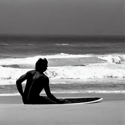 Prompt: 1980's photograph of a gothic surfer dude on a beach with a surfboard on his lap, photography