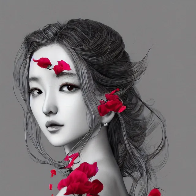 Image similar to studio portrait absurdly beautiful, elegant, graceful, young hypercolorful sensual anime gravure idol rubies and red petals, ultrafine hyperrealistic detailed face illustration by kim jung gi, irakli nadar, intricate linework, sharp focus, bright colors, matte, octopath traveler, final fantasy, unreal engine highly rendered, global illumination, radiant light, intricate environment