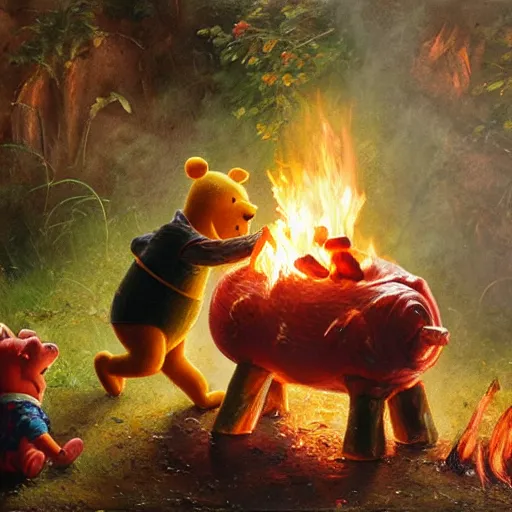 Prompt: close up of winnie the pooh spit roasting a whole pig over a fire, cinematographic shot, by daniel f. gerhartz