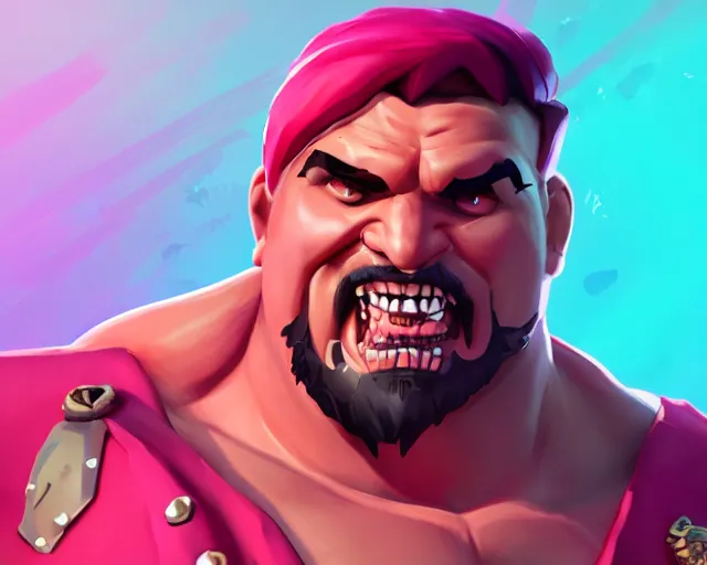 Prompt: sea of thieves character portrait concept art for a huge hulking muscular man wearing a bright pink outfit, cgsociety, trending on artstation, rare ltd,