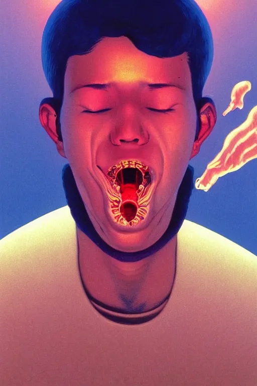 Image similar to a scifi closeup portrait of a young american man licking a blotter paper of LSD acid on his tongue and dreaming psychedelic hallucinations in cosmos, by kawase hasui, moebius, Edward Hopper and James Gilleard, Zdzislaw Beksinski, Steven Outram colorful flat surreal design, hd, 8k, artstation