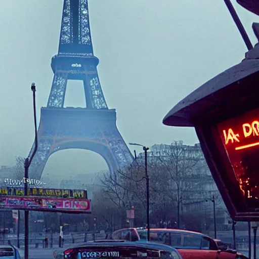 Image similar to A beautiful intricate 8K award-winning ground-level cinematic movie photograph of the future destroyed and decaying Eiffel Tower, surrounded by neon and broken corporate video billboard displays. in the year 2050, by Bruno Delbonnel and greg rutkowski. Arri Alexa 65, IMAX 70mm footage. Dirty billboards. Cinematic lighting