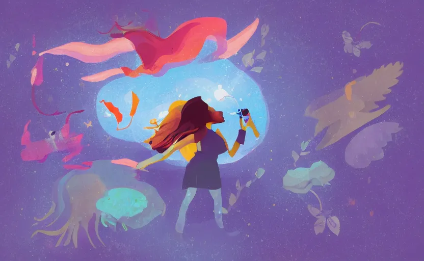 Image similar to abstract illustration of girl with a flashlight illuminating a cave revealing majestic, flying creatures inside