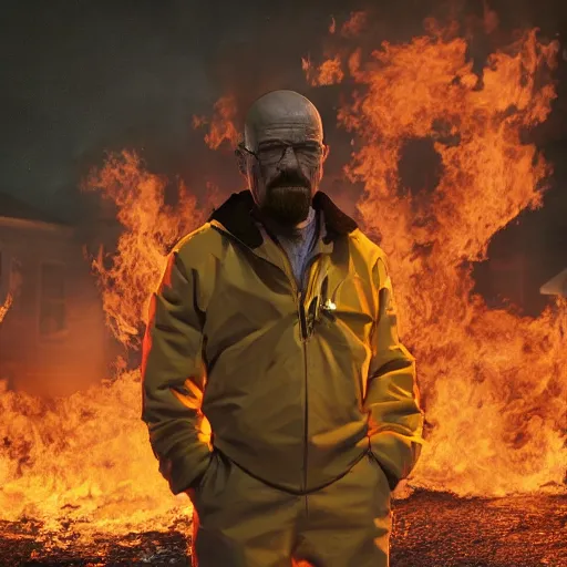 Image similar to a photo of walter white standing in front of a building on fire, highly detailed, 4 k