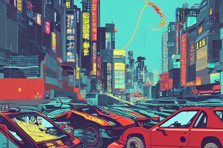 Image similar to Poster Illustration of Geo Metro, neo-Tokyo, Akira Color Palette, Inspired by Akira + MGS2 + FLCL, 8k :4 by Vincent Di Fate + Arc System works + Katsuhiro Otomo 1975 Citroen DM BMW M1 Stratos, city in anime cyberpunk style by Hayao Miyazaki