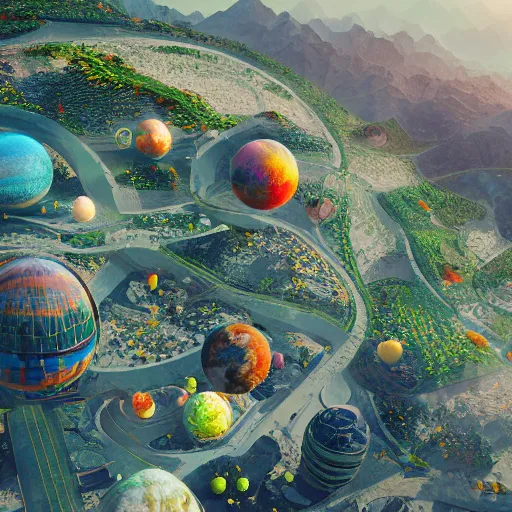 Image similar to a highly detailed 3 d render of colorful solarpunk planets, matte painting, dreamy ethereal vibes, trending on artstation, 8 k,