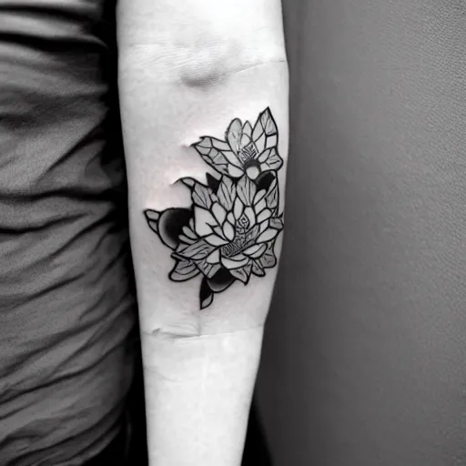 Image similar to black and white tattoo, koi fish, japanese traditional style, camelia flowers, stylized,