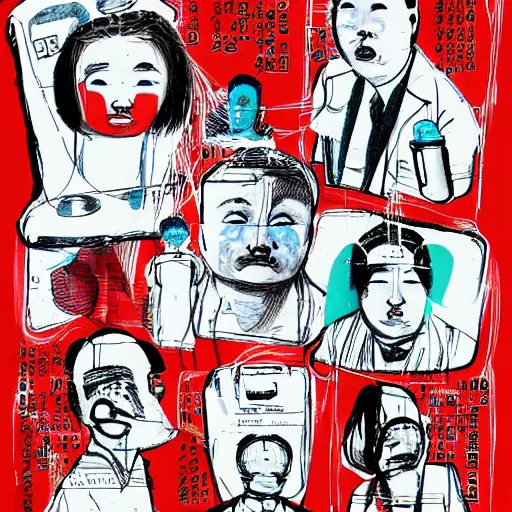 Image similar to chinese surgery on a patient, in the style of daniel johnston and outsider art, 4 k, line brush, overlaid with chinese adverts