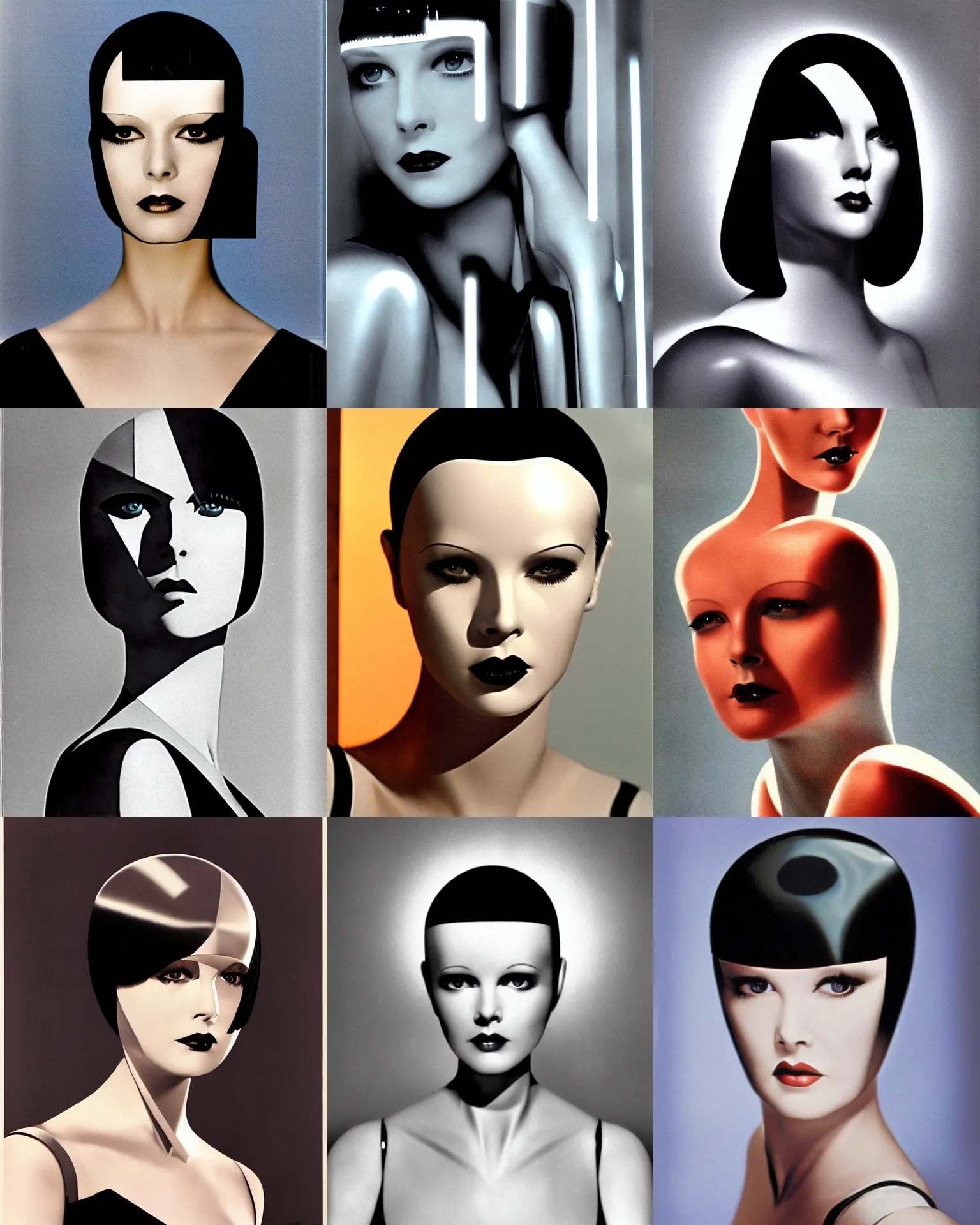 Prompt: mary louise brooks is half robot, robotic, chrome skin, 1 9 8 0 s airbrush, clean lines, futuristic, blade runner, geometric lighting patterns, bright back light glow, triangle makeup