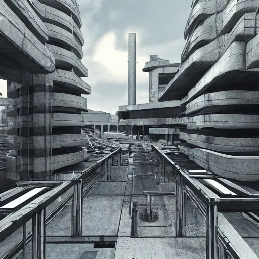 Image similar to scifi brutalist industrial complex, photorealistic