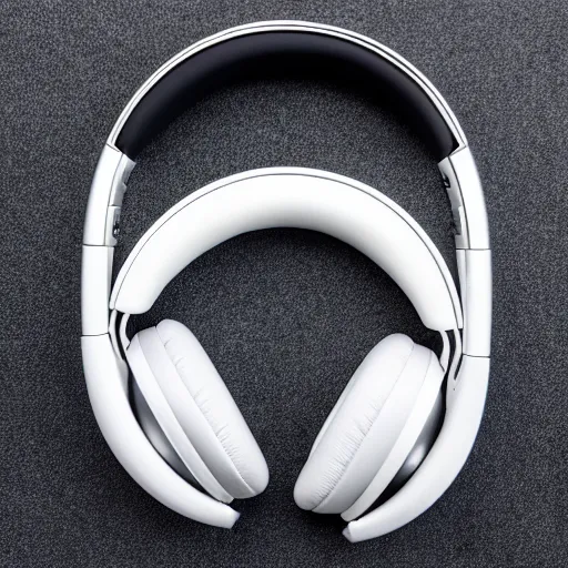 Image similar to product photoshoot of clean modern hand crafted aipods pro max beats headphones colot metal white silver with black leather padding well design ultrareallistic detailed high quality 8 k photorealistic ultra realistic