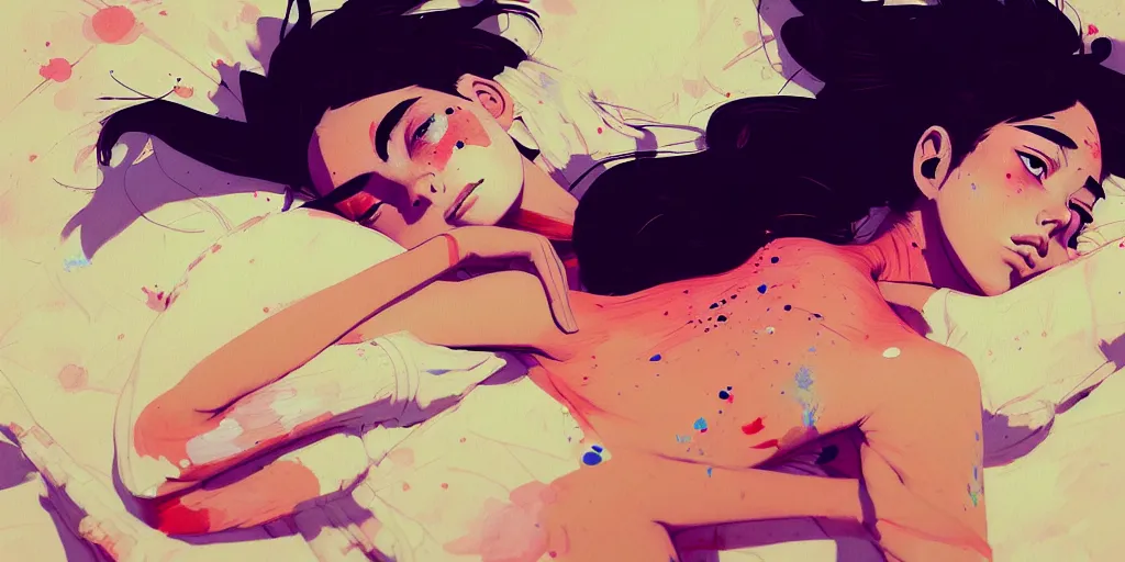 Image similar to a ultradetailed painting of a stylish girl waking up, she is wearing a tank top by conrad roset, greg rutkowski and makoto shinkai trending on artstation